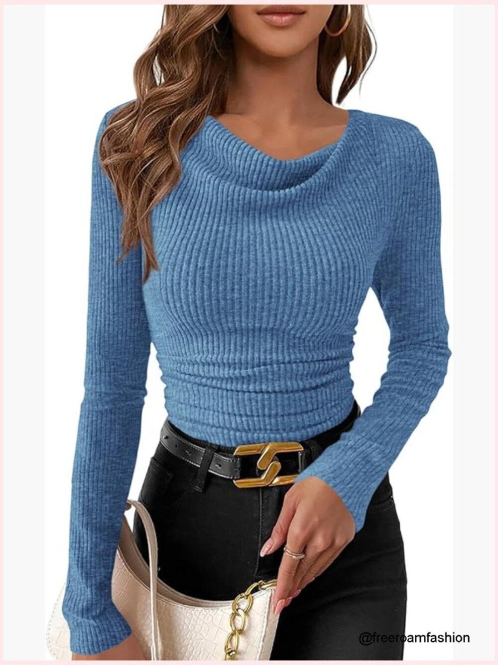 Long Sleeve Cowl Neck Crop Top Slim Fit Ribbed Knit Basic Tee